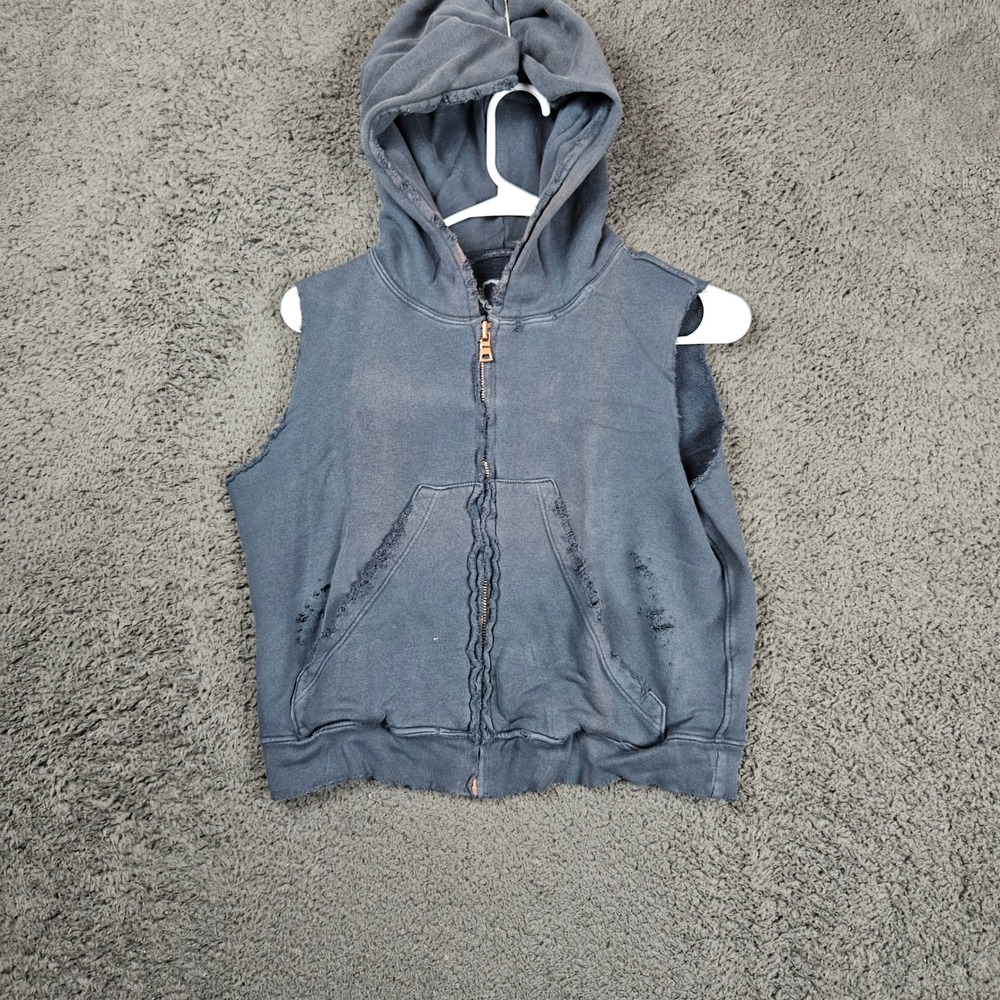 Tee Lab Distressed Sleeveless Hoodie Full Zip Gray‎ Grunge Athleisure X-Small